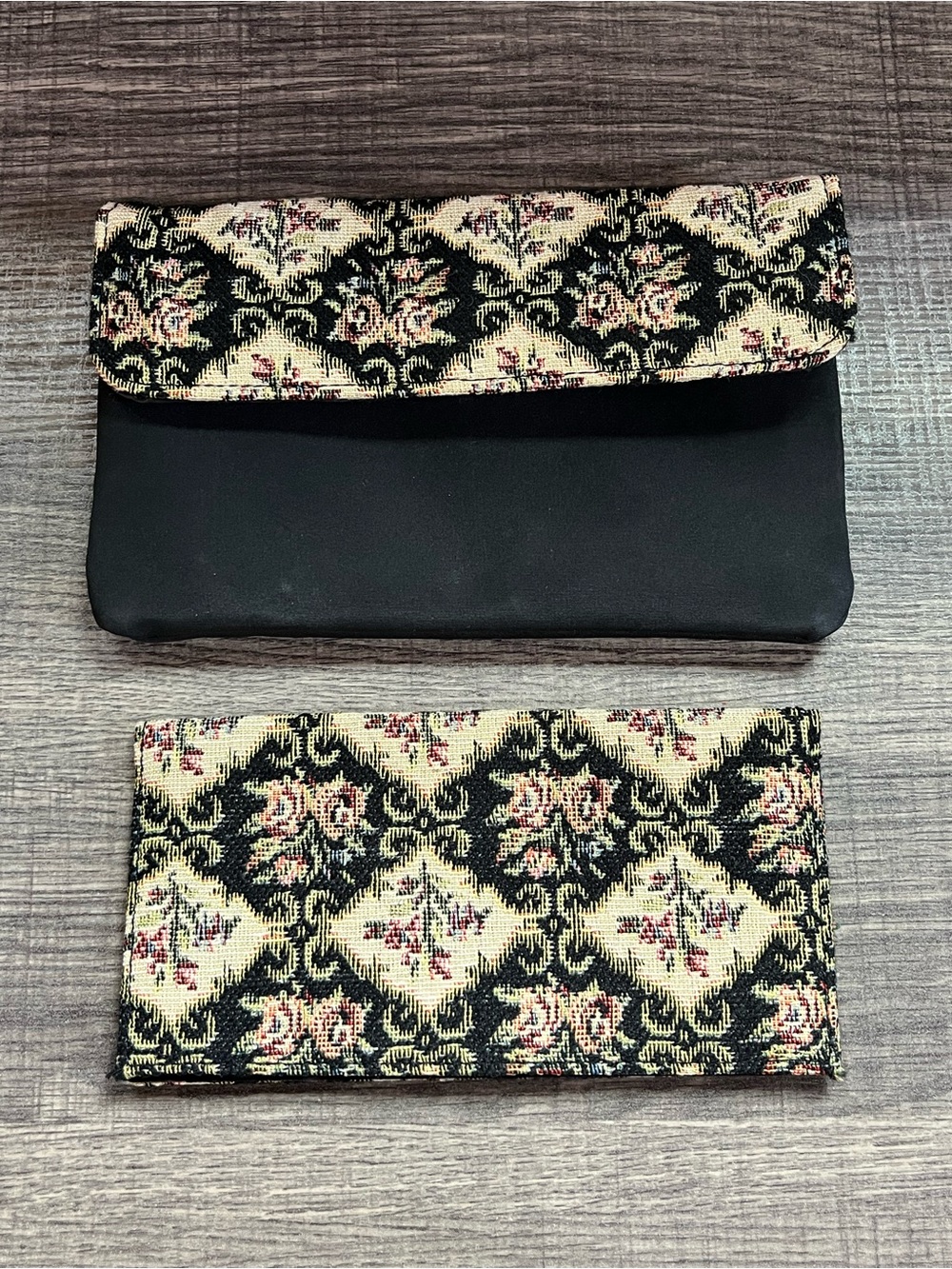 Black and Cream Floral Foldover Clutch and checkbook cover. Tapestry.